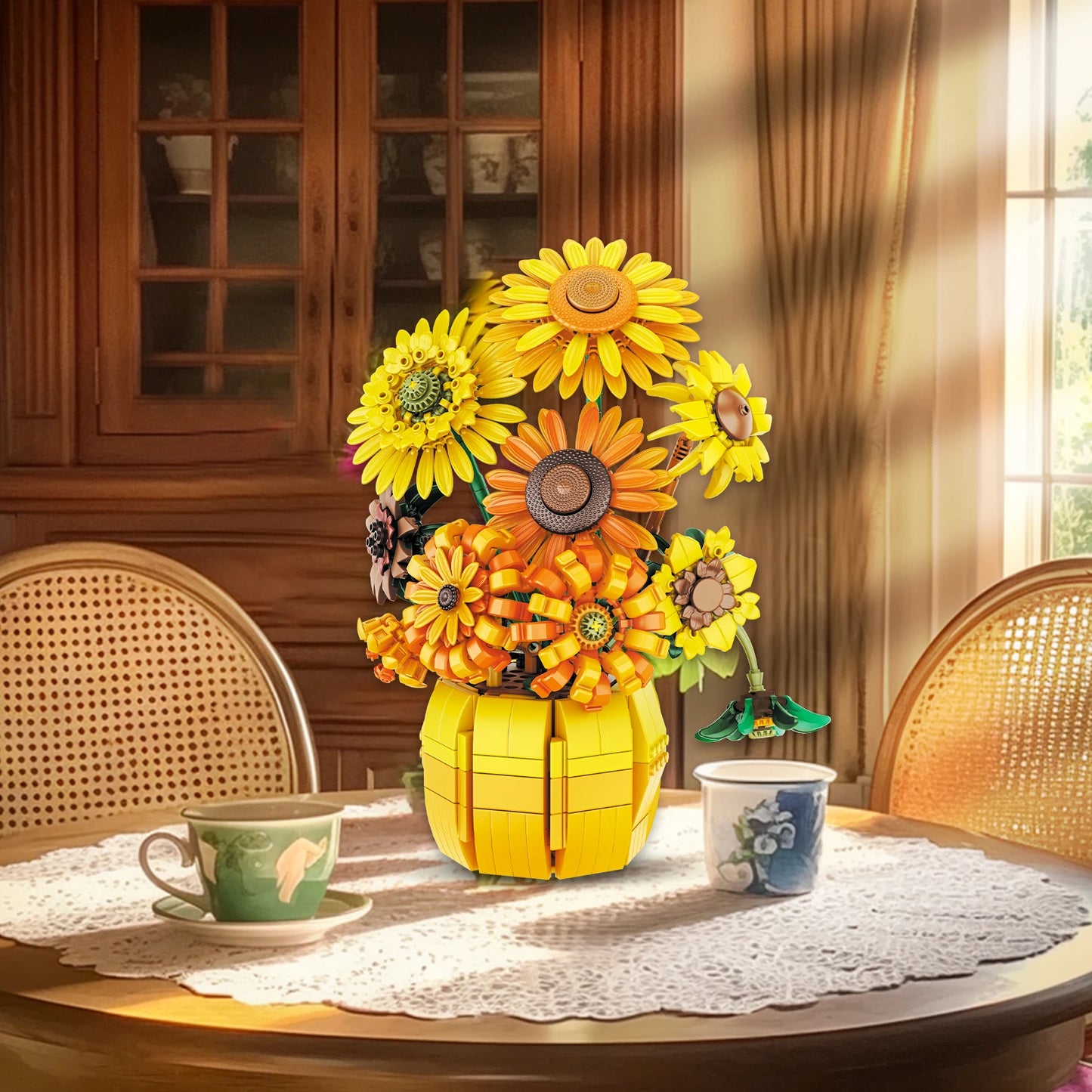 Zonnebloem Boeket Bouwset – Kunstbloemen in Vaas van Bouwblokken