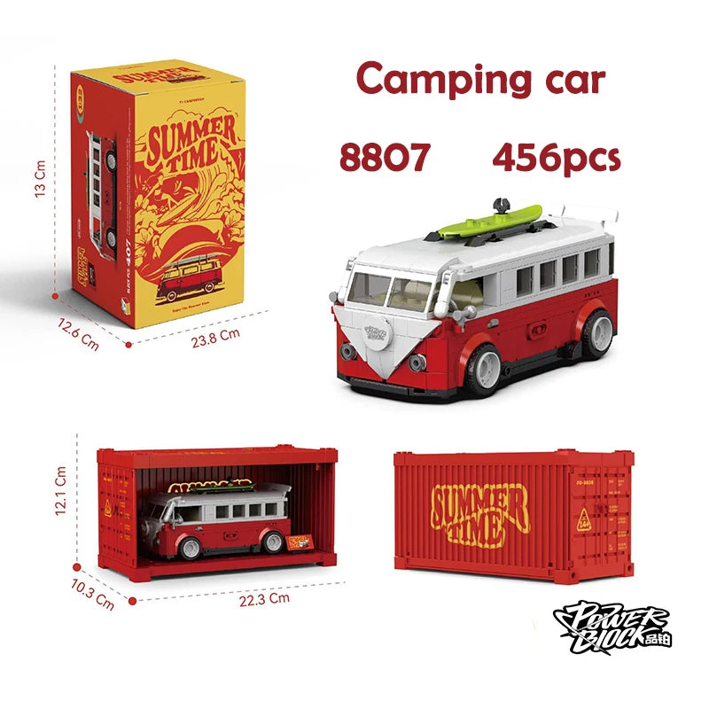 Vintage Camperbus Bouwset – Retro Kampeerbus Schaalmodel van Bouwblokken