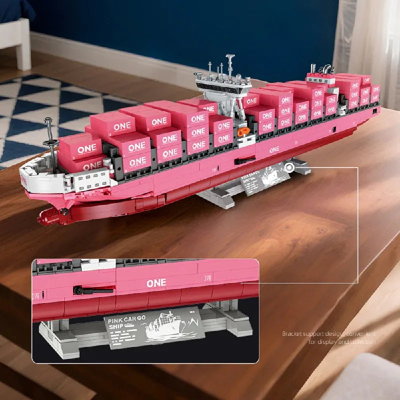 Technische Roze Container Vrachtschip Bouwstenen Set 1446 Stuks – JJ9217 Modelschip Bouwpakket voor Volwassenen & Kinderen