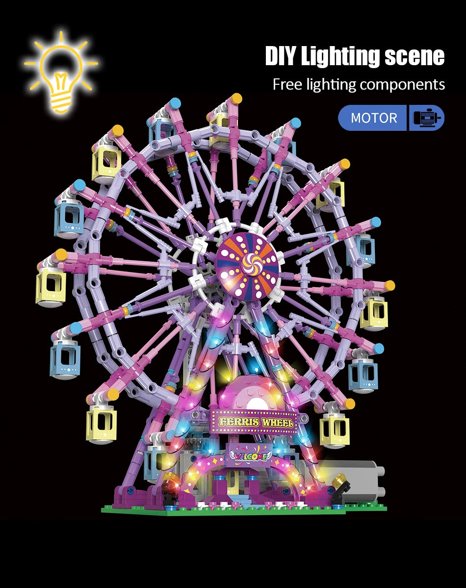 Reuzenrad Bouwset met LED-Verlichting – Draaiend Pretpark Schaalmodel van Bouwblokken