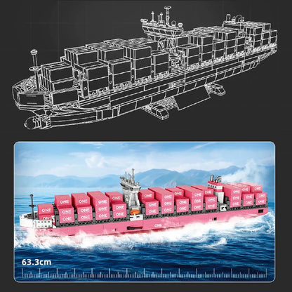 Technische Roze Container Vrachtschip Bouwstenen Set 1446 Stuks – JJ9217 Modelschip Bouwpakket voor Volwassenen & Kinderen