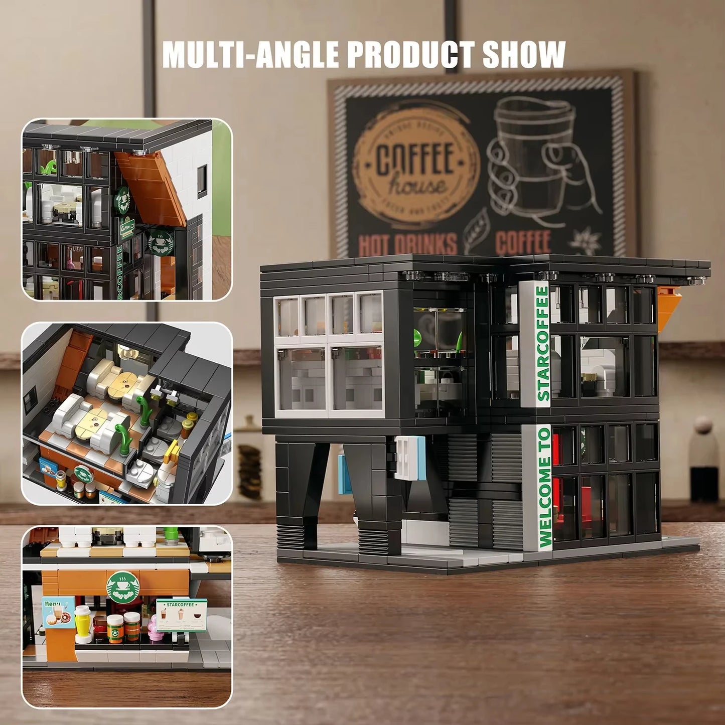Café Bouwset met LED-Verlichting – Modelgebouw met Interieur van Bouwblokken