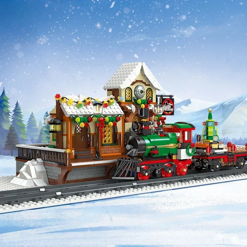 Gemotoriseerde Kersttrein Bouwset – Winter Trein Schaalmodel van Bouwblokken