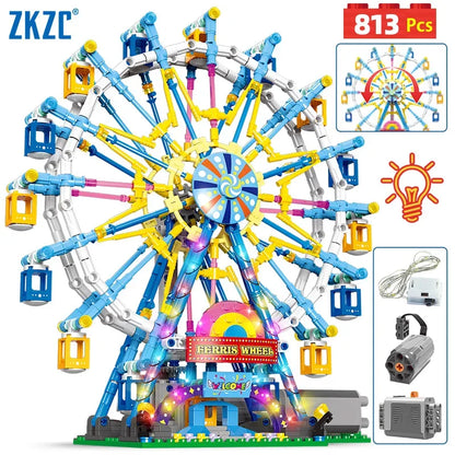 Reuzenrad Bouwset met LED-Verlichting – Draaiend Pretpark Schaalmodel van Bouwblokken