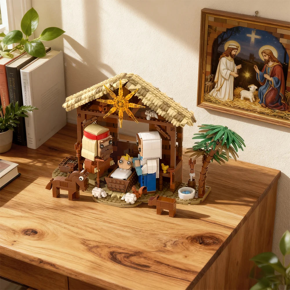 1050 Stuks Jezus Geboorte Bouwstenen Set – Kerststal Bouwpakket, Bijbelverhaal Geloofsserie, Christelijk Cadeau voor Volwassenen