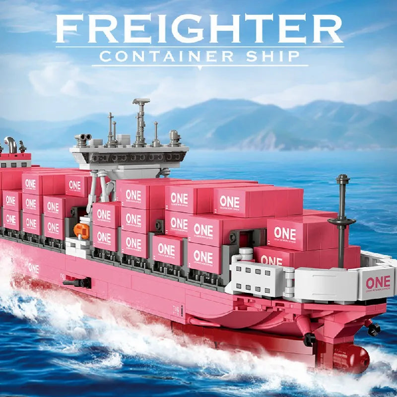 Technische Roze Container Vrachtschip Bouwstenen Set 1446 Stuks – JJ9217 Modelschip Bouwpakket voor Volwassenen & Kinderen