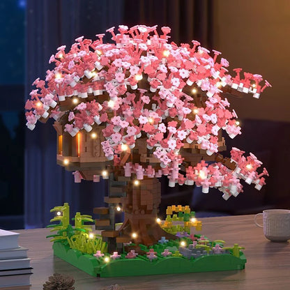 Sakura Boomhut Bouwset met LED-Verlichting – Kersenbloesem Schaalmodel van Bouwblokken
