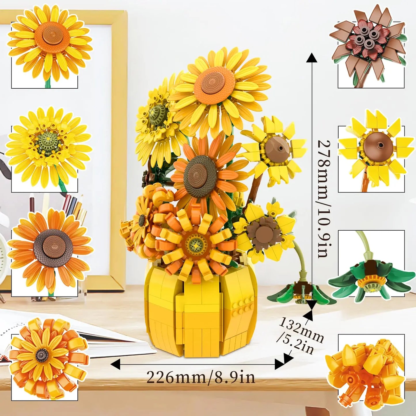 Zonnebloem Boeket Bouwset – Kunstbloemen in Vaas van Bouwblokken