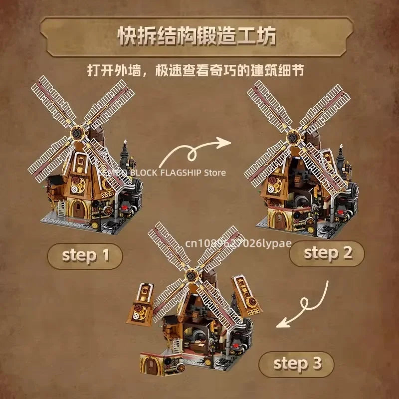 Steampunk Windmolen Bouwset – Model met Bewegende Onderdelen van Bouwblokken