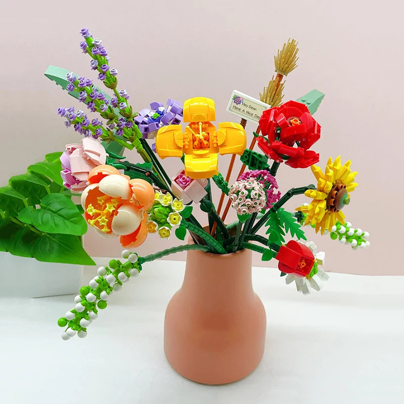 Roos Bouwset – Kunstbloem in Pot van Bouwblokken