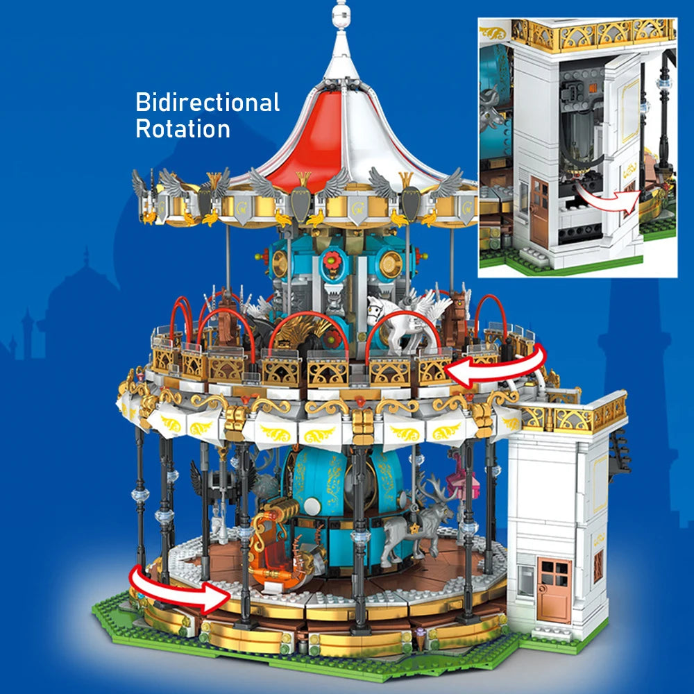 Draaiende Carrousel Bouwset – Gemotoriseerd Pretpark Schaalmodel van Bouwblokken