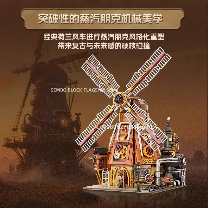 Steampunk Windmolen Bouwset – Model met Bewegende Onderdelen van Bouwblokken
