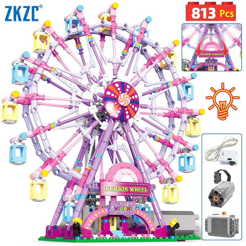 Reuzenrad Bouwset met LED-Verlichting – Draaiend Pretpark Schaalmodel van Bouwblokken