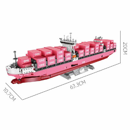 Technische Roze Container Vrachtschip Bouwstenen Set 1446 Stuks – JJ9217 Modelschip Bouwpakket voor Volwassenen & Kinderen
