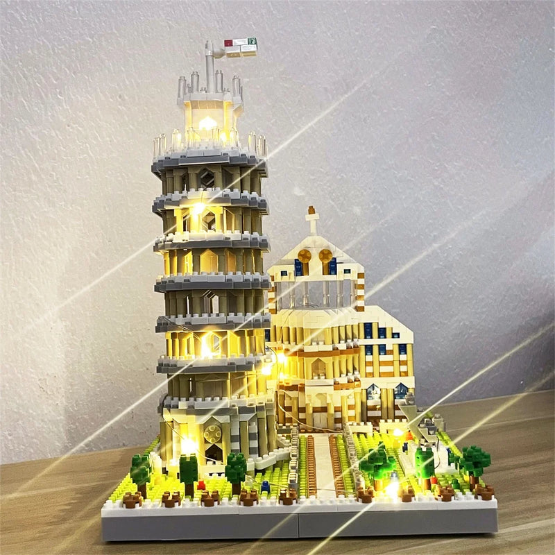 Toren van Pisa Mini Bouwset met LED-Verlichting – Architectuur Schaalmodel van Bouwblokken