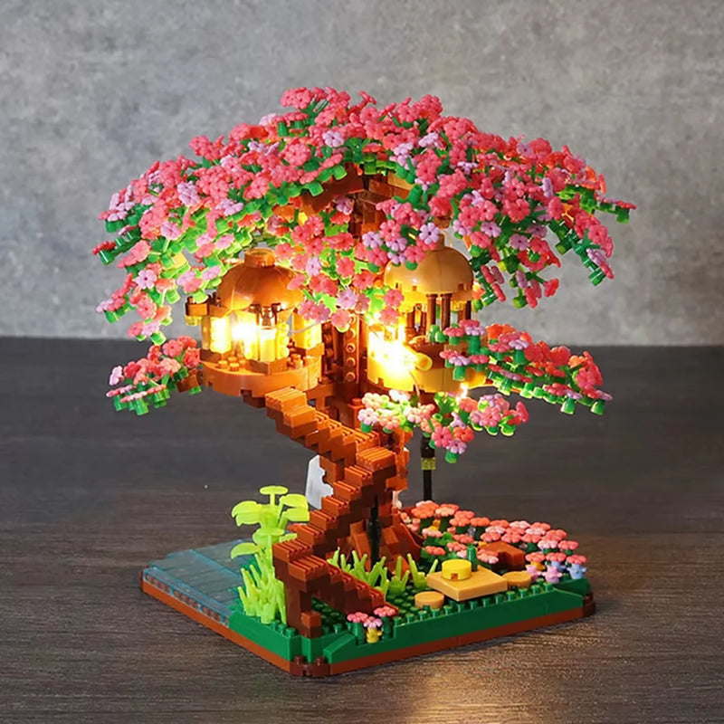 Sakura Boomhut Bouwset met LED-Verlichting – Kersenbloesem Schaalmodel van Bouwblokken