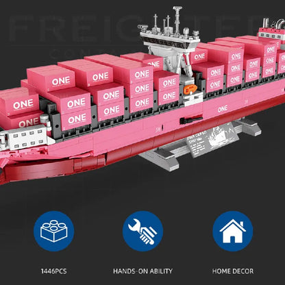Technische Roze Container Vrachtschip Bouwstenen Set 1446 Stuks – JJ9217 Modelschip Bouwpakket voor Volwassenen & Kinderen