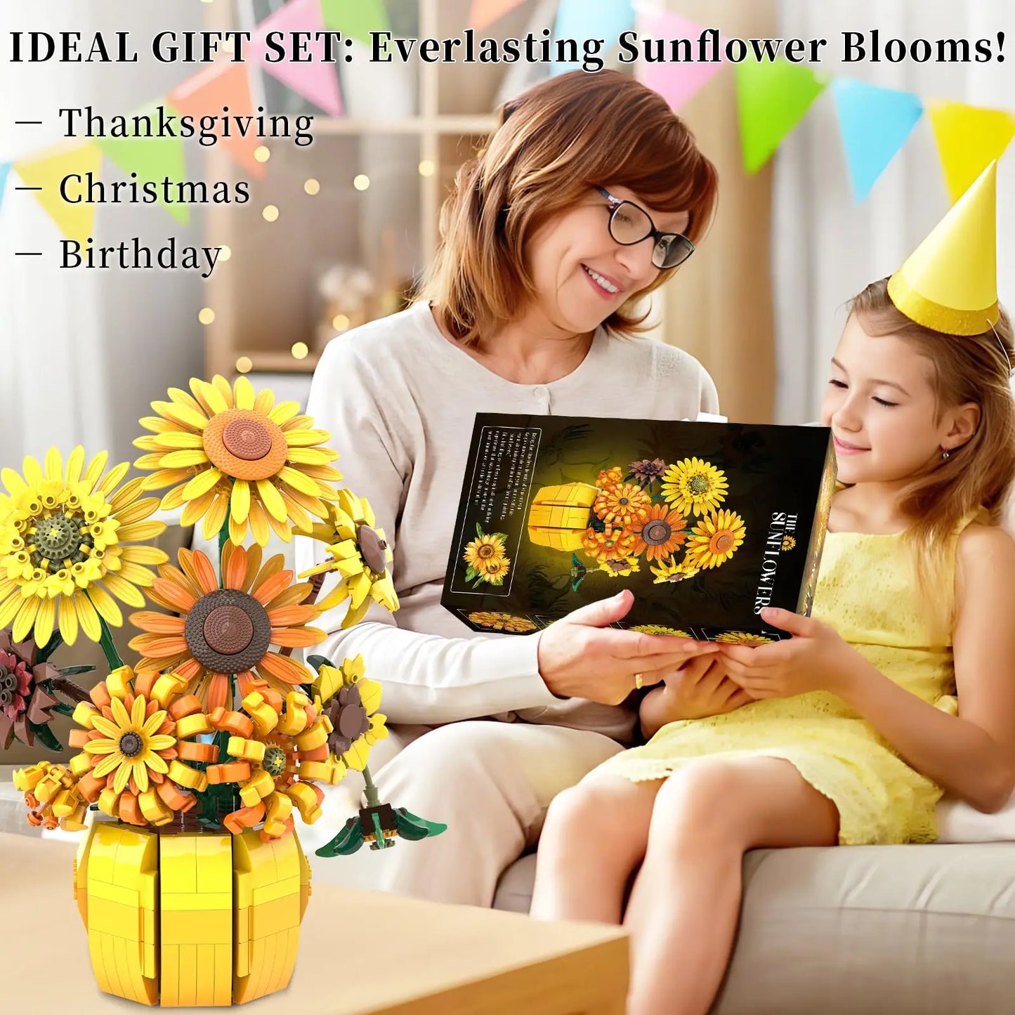 Zonnebloem Boeket Bouwset – Kunstbloemen in Vaas van Bouwblokken