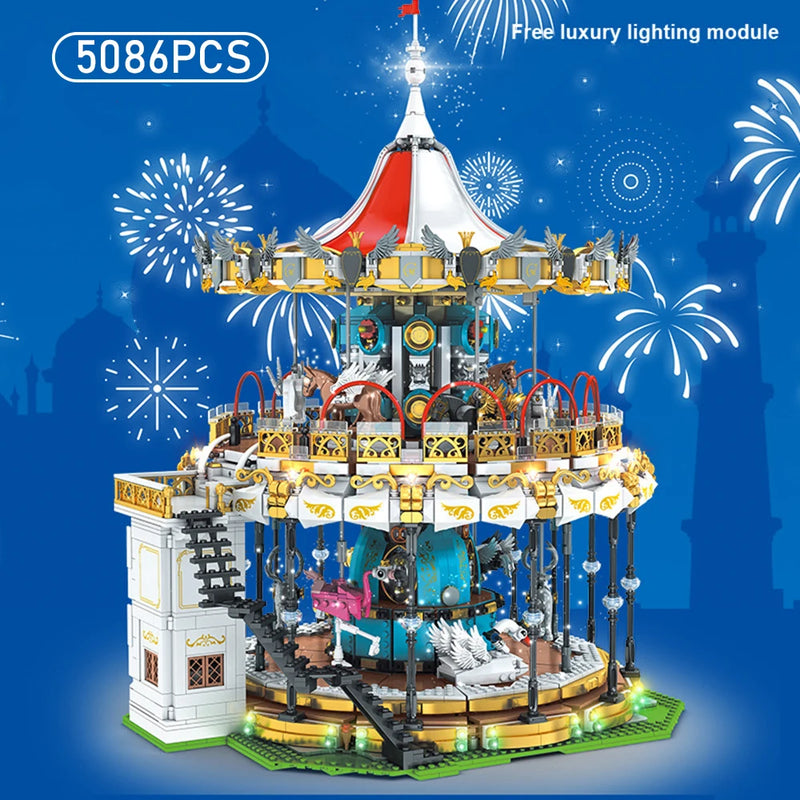 Draaiende Carrousel Bouwset – Gemotoriseerd Pretpark Schaalmodel van Bouwblokken