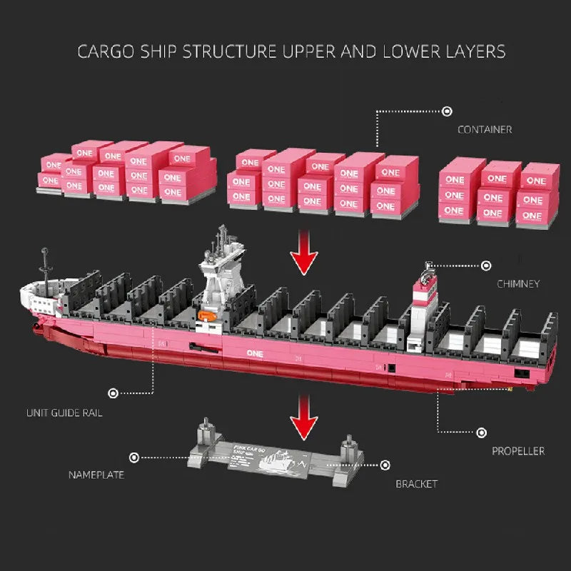 Technische Roze Container Vrachtschip Bouwstenen Set 1446 Stuks – JJ9217 Modelschip Bouwpakket voor Volwassenen & Kinderen