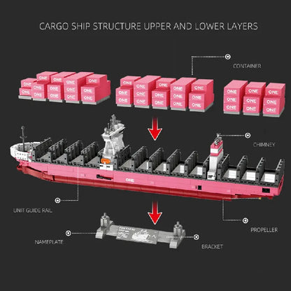 Technische Roze Container Vrachtschip Bouwstenen Set 1446 Stuks – JJ9217 Modelschip Bouwpakket voor Volwassenen & Kinderen